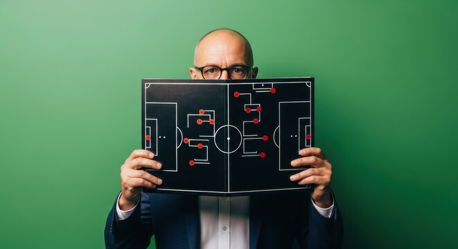 Soccer Coach Holding Tactical Board on Green Background Showing Game Strategy Tactics Formation Plan Explanation Teamwork Training
