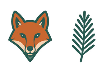 Obraz premium Stylized geometric fox head mascot design paired with a simple green pine branch element