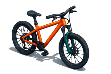 Fototapeta premium Stylized orange mountain bike with black tires and teal suspension isolated on a white background