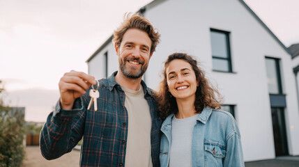 Proud smiling couple holding keys outside their newly purchased modern white house at sunset. Reaching a major life goal, real estate investment, property ownership