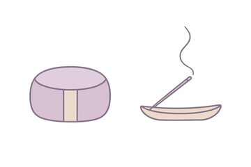 Minimalist zafu meditation cushion next to an incense stick burning in a small dish holder
