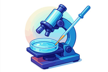 Blue laboratory microscope with petri dish and pipette for biological analysis