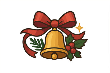 Festive golden bell ornament with a large red ribbon bow, green holly leaves, and bright red berries