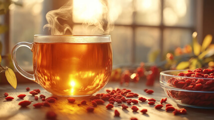 A steaming cup of goji berry herbal tea on the table.