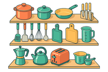 Colorful kitchen utensils, pots, pans, and appliances organized on storage shelves