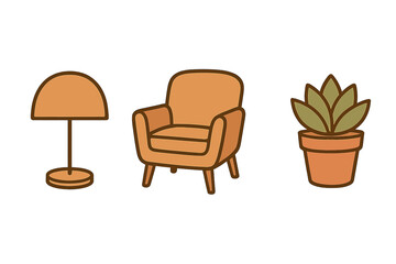Fototapeta premium Collection of modern interior design elements featuring a cozy armchair, standing lamp, and potted houseplant