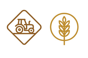 Simple brown outline icons for agriculture and harvest: farm tractor and wheat spike
