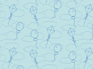 Seamless aesthetic, light pattern of vector pastel clouds with balloon and kite on blue sky
