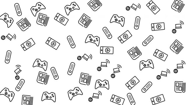 Seamless Digital Pattern Featuring Game Controllers, Headphones, and Portable Devices in Black and White Graphic Design