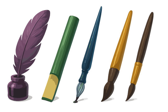 Classic writing and painting tools including quill pen, ink pot, bamboo stick, and artist brushes
