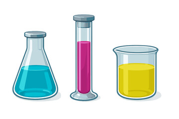 Chemistry laboratory glassware set with colorful liquids for scientific research and experiments