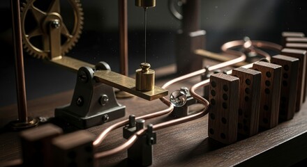 A precise mechanical contraption with gears and weights poised to trigger a domino effect, illustrating the principles of physics and causality