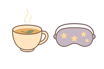 Steaming cup of herbal tea with a leaf and a purple sleeping mask decorated with yellow stars