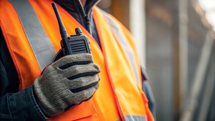 Worker using two-way radio construction site closeup image industrial environment focus on communication device
