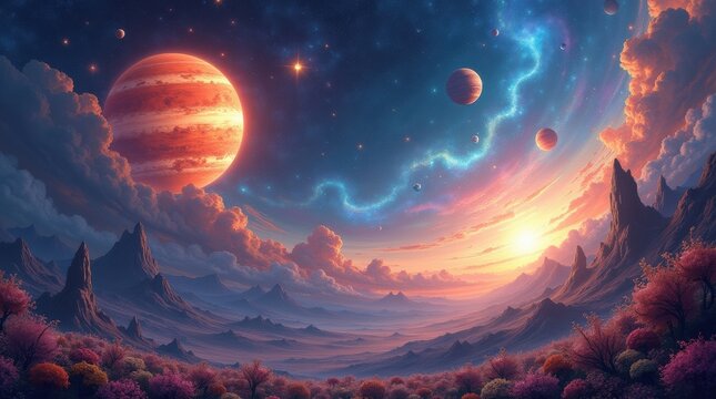 Vibrant alien planet landscape with swirling nebulae and glowing celestial bodies - Powered by Adobe