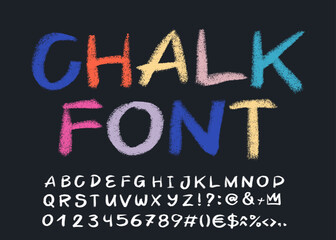Cute crayon letters. Kids signs and symbols font. ABC and numbers. School alphabet with chalk, charcoal texture. Grunge Chalk Texture Font. Hand drawn vector alphabet created with chalk and charcoal.