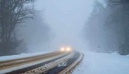 Fototapeta premium Snowy road disappearing into thick fog with car headlights visible, mysterious calm winter landscape symbolizing journey, solitude, and peaceful uncertainty of silent frozen travel