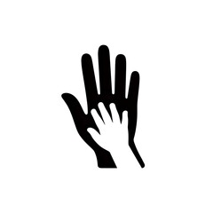 Gentle connection symbolized by a child's hand resting on a larger hand, conveying trust, care, and support in a clean, modern graphic.