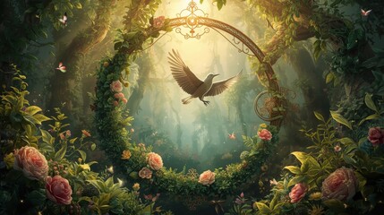 Enchanted forest archway with a bird flying through a sunlit portal