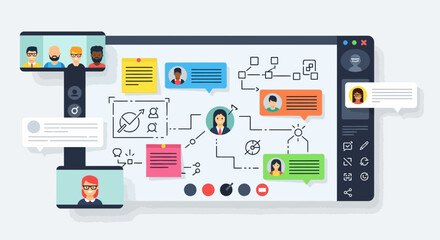 Modern collaborative workflow with video conferencing and project management tools, perfect for remote teams and digital transformation initiatives, scalable graphic