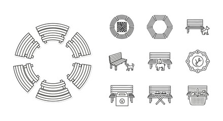 park furniture icon set showcasing benches tables and seating arrangements for outdoor spaces promoting community and relaxation in public areas