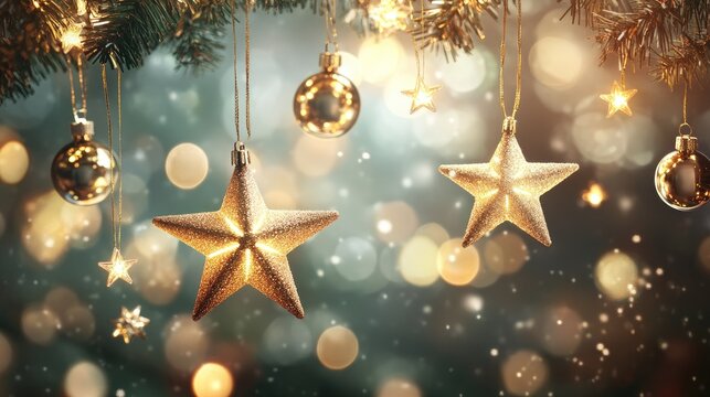 Decorative Christmas scene with star lights hanging across a blurred festive background with sparkles and ornaments