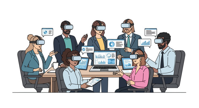 Business team in virtual reality headsets collaborating on project at modern office, futuristic meeting for global strategy with cutting edge technology