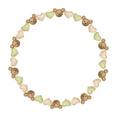 Round frame for baby in pastel colors. Watercolor wreath, backdrop for birthday card, gender party, baby shower, children's party. Greeting card, invitation in Scandinavian, boho, and retro styles. 
