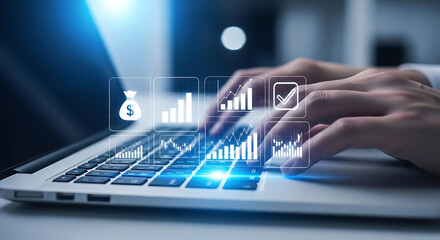 Hands typing on a laptop keyboard with financial data and stock market analysis icons overlayed, representing online investment and business growth.