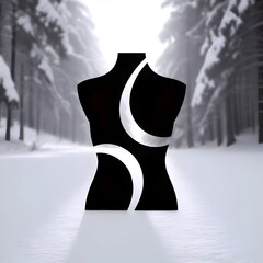 Striking abstract silhouette of a human torso with crescent moon motifs against a serene winter forest backdrop, evoking mystery and elegance.
