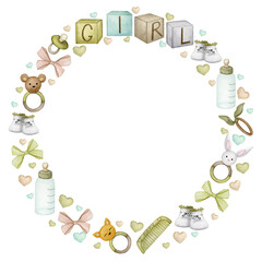Round frame for a baby girl in pastel colors. Watercolor wreath, backdrop for birthday card, gender party, baby shower, children's party. Greeting card, invitation in Scandinavian, boho styles. 
