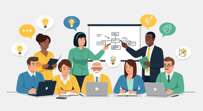 Dynamic team collaborating on strategy with whiteboard flowcharts, sparking creative ideas, and driving business growth in modern workspace, originally vector graphics