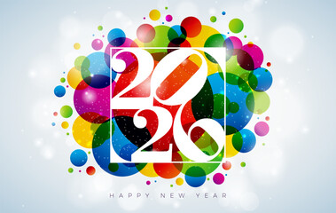 2026 Happy New Year Illustration with Typography Number Symbol and Colorful Bokeh Lights on White Background. Vector Christmas Holiday Season Design for Greeting Card, Calendar, Celebration Poster