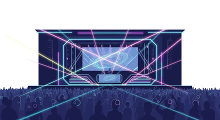 Experience the energy of a live music event, a packed crowd enjoys the vibrant concert with dynamic stage lighting, perfect for event promotion and music marketing