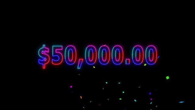 Neon line 60 thousand dollar counting animation and colorful confetti. Counting money and digits increasing. Animated Counter from 0 to 60k with resolution.