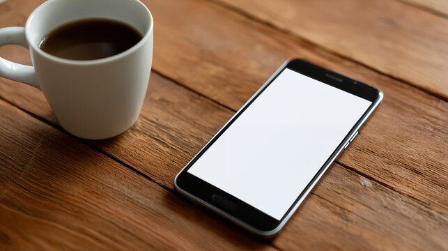 Smartphone with blank screen and coffee cup on rustic wooden table, top view mockup with copy space