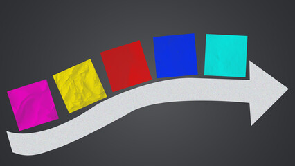 Timeline concept. Timeline concept - blank colorful sticky notes along a thick white arrow on a gray background with copy space.