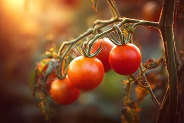 Fresh Red Tomatoes Growing on a Vine in a Sunny Garden During Late Afternoon Hours