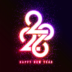 Happy New Year 2026 Greeting Card Design with Glowing Neon Light Number on Dark Sparkle Background. Vector Christmas Holiday Season Illustration with Typography Lettering for Calendar, Celebration