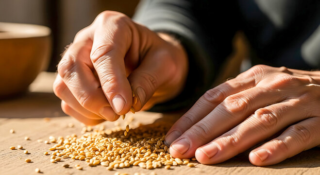 Hands sifting golden grains on wooden surface wheat
