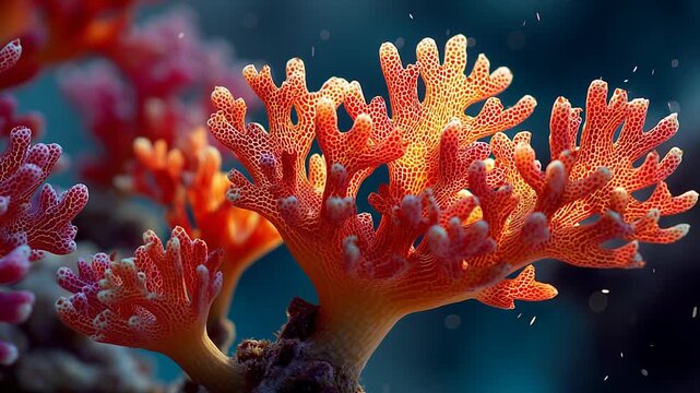 Close Up Orange Coral Reef on Blue Background Animated Stock Footage