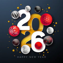 2026 Happy New Year Greeting Card Design with Cut Out Typography Number and Colorful Christmas Ball on Black Background. Holiday Illustration with Christmas Ornaments for Calendar, Flyer, Banner