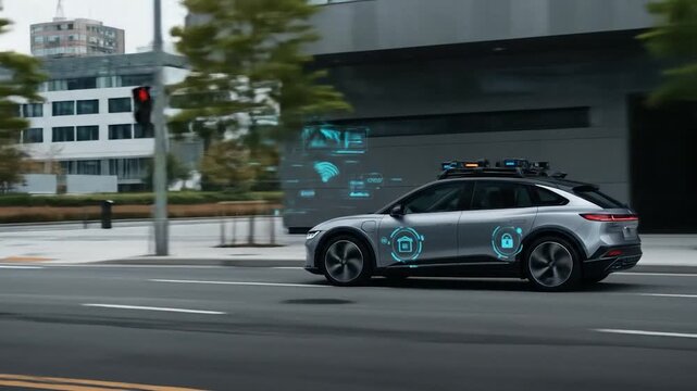 A silver electric vehicle cruises down a city street, showcasing holographic interfaces, including home and security features