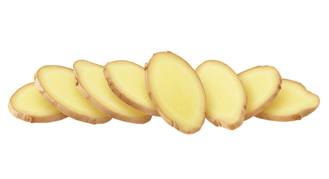 Freshly sliced ginger root arranged horizontally on transparant background, showcasing its vibrant texture for culinary use or herbal remedies