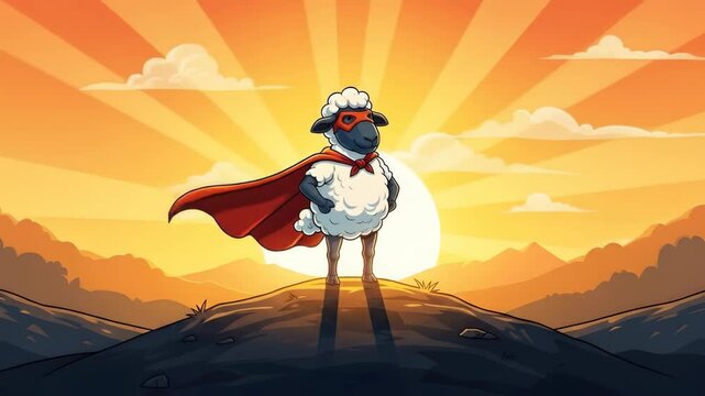 Superhero sheep standing on hill at sunset