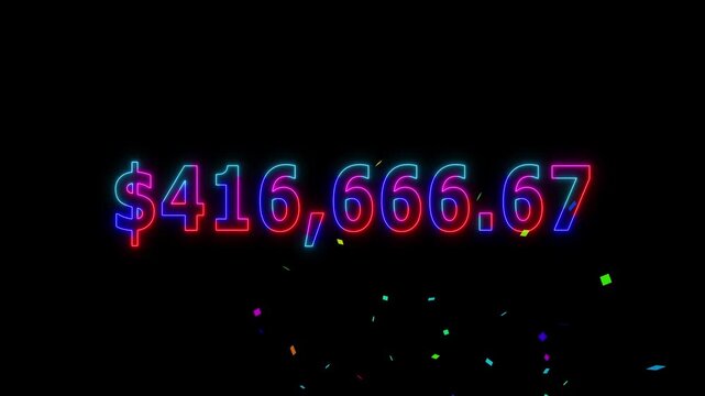 Neon line 5 lakh dollar counting animation and colorful confetti. Counting money and digits increasing. Animated Counter from 0 to 500k with resolution.