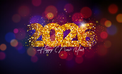 2026 Happy New Year Illustration with Gold Glitter Number and Colorful Bokeh Lights on Vibrant Particle Background. Vector Christmas Holiday Season Design with Typography Lettering for Greeting Card