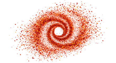 Dynamic crimson orange particle spiral transparant background creating an abstract energetic cosmic vortex of light and motion