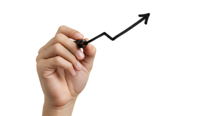 Human hand drawing a dynamic upward arrow on transparant background illustrating financial progress and business expansion
