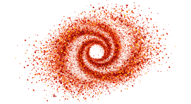 Dynamic crimson orange particle spiral transparant background creating an abstract energetic cosmic vortex of light and motion